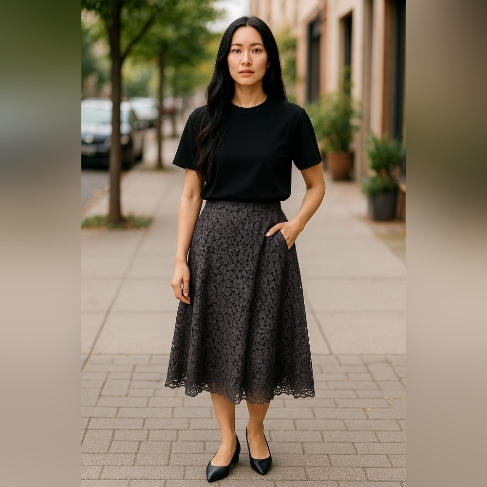 Garnet Hill gray crochet lace midi a line skirt sz 6 WSK124